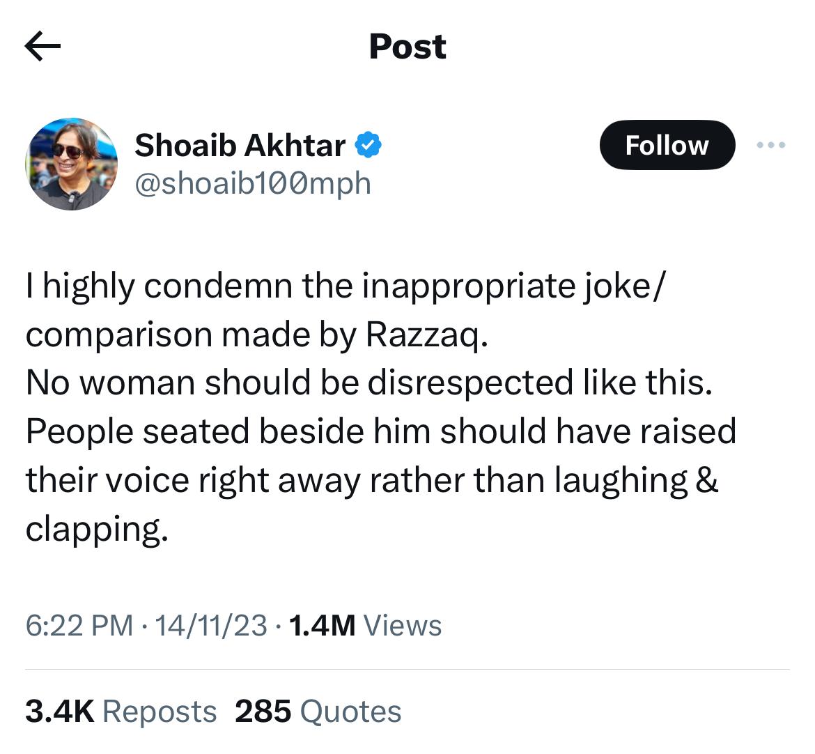 Taking to X (formerly Twitter), Former Pakistan player Shoaib Akhtar strongly criticised his ex-teammate Abdul Razzaq for his controversial comments.